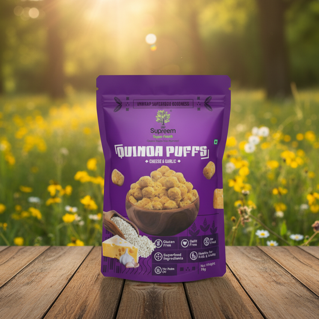 Gluten Free Quinoa Puffs 70 gms - Roasted Puffs Snack with Cheese & Garlic - Pack of 2 Roasted Puffs with Cheese & Garlic Snack