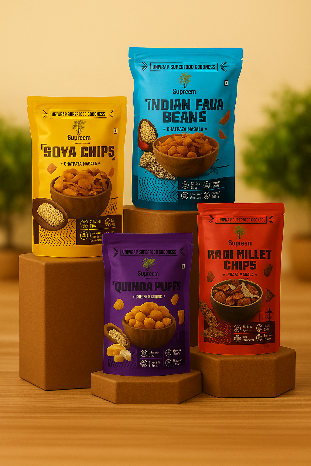 Gluten Free Ragi & Millet Chips - Health and Taste in one Snack + Indian Fava Beans - Chatpata Masala Snack + Quinoa Puffs - Roasted Puffs Snack with Cheese & Garlic + Soya Chips – All the Goodness of Soya. 100 gms - Combo pack of 4
