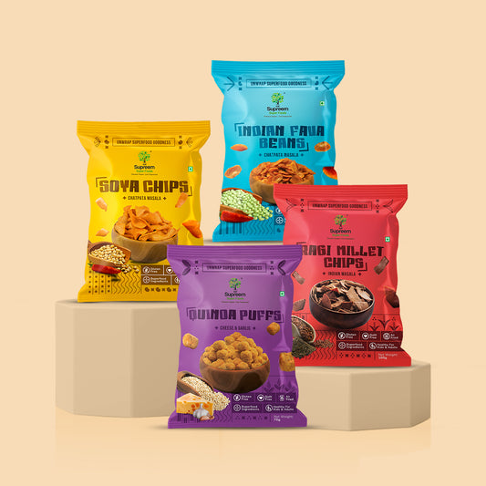 Gluten Free Ragi & Millet Chips - Health and Taste in one Snack + Indian Fava Beans - Chatpata Masala Snack + Quinoa Puffs - Roasted Puffs Snack with Cheese & Garlic + Soya Chips – All the Goodness of Soya. 100 gms - Combo pack of 4