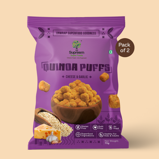 Gluten Free Quinoa Puffs 70 gms - Roasted Puffs Snack with Cheese & Garlic - Pack of 2 Roasted Puffs with Cheese & Garlic Snack