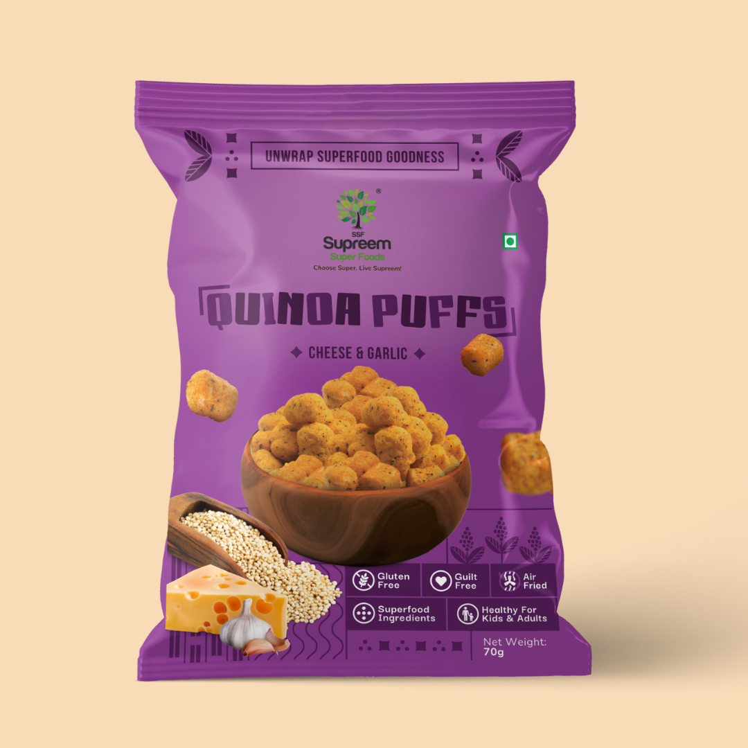 Gluten Free Quinoa Puffs 70 gms - Roasted Puffs Snack with Cheese & Garlic - Pack of 2 Roasted Puffs with Cheese & Garlic Snack