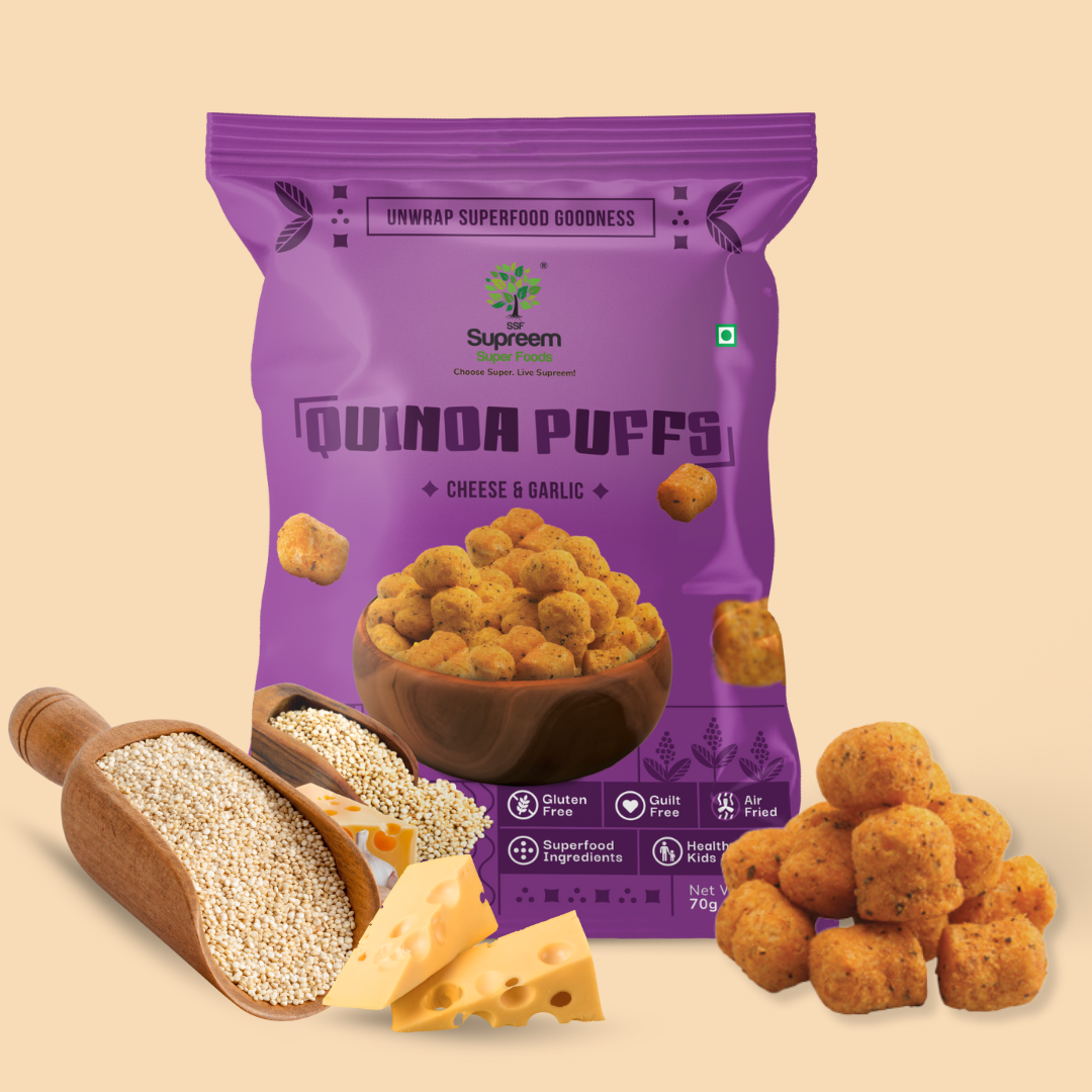 Gluten Free Quinoa Puffs 70 gms - Roasted Puffs Snack with Cheese & Garlic - Pack of 2 Roasted Puffs with Cheese & Garlic Snack