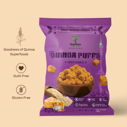 Gluten Free Quinoa Puffs 70 gms - Roasted Puffs Snack with Cheese & Garlic - Pack of 2 Roasted Puffs with Cheese & Garlic Snack