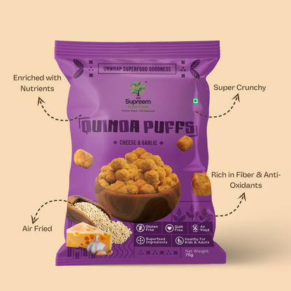 Gluten Free Quinoa Puffs 70 gms - Roasted Puffs Snack with Cheese & Garlic - Pack of 2 Roasted Puffs with Cheese & Garlic Snack