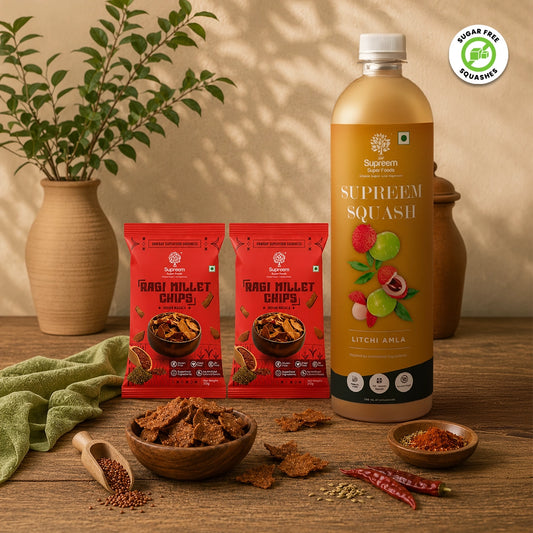 Litchi Amla Squash + Ragi Millet Chips pack of 2