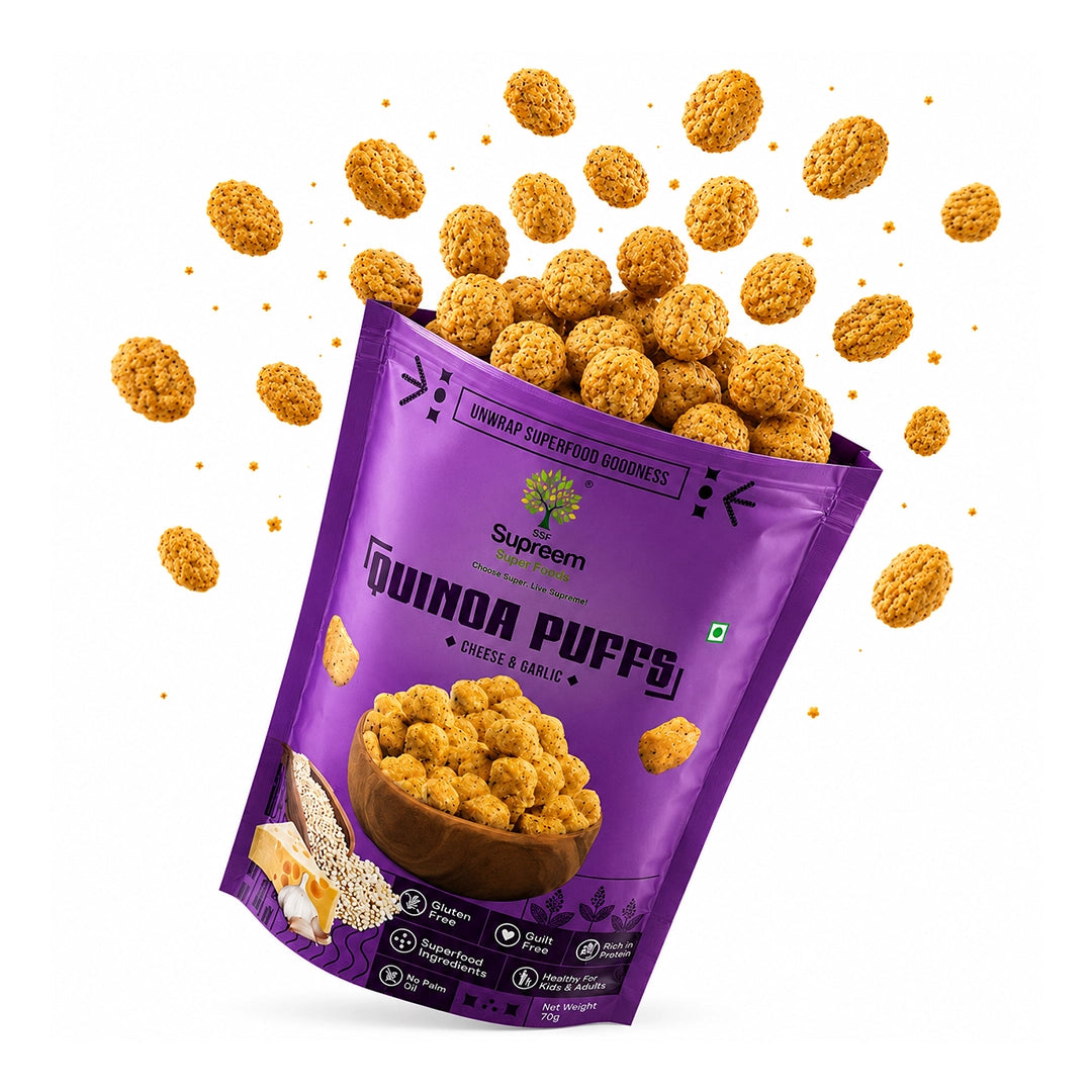 Gluten Free Quinoa Puffs 70 gms - Roasted Puffs Snack with Cheese & Garlic - Pack of 2 Roasted Puffs with Cheese & Garlic Snack