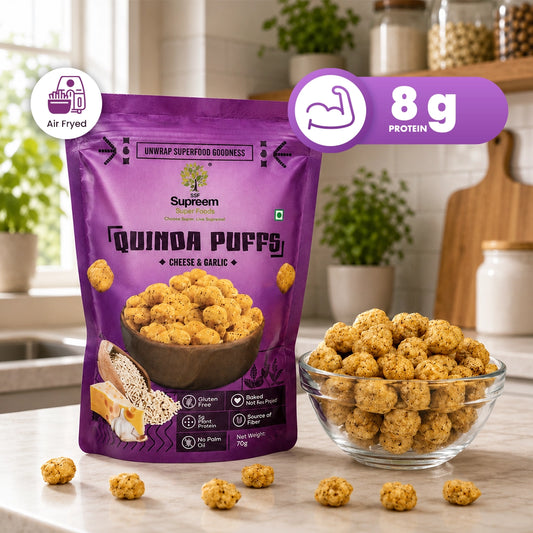 Gluten Free Quinoa Puffs 70 gms - Roasted Puffs Snack with Cheese & Garlic - Pack of 2 Roasted Puffs with Cheese & Garlic Snack